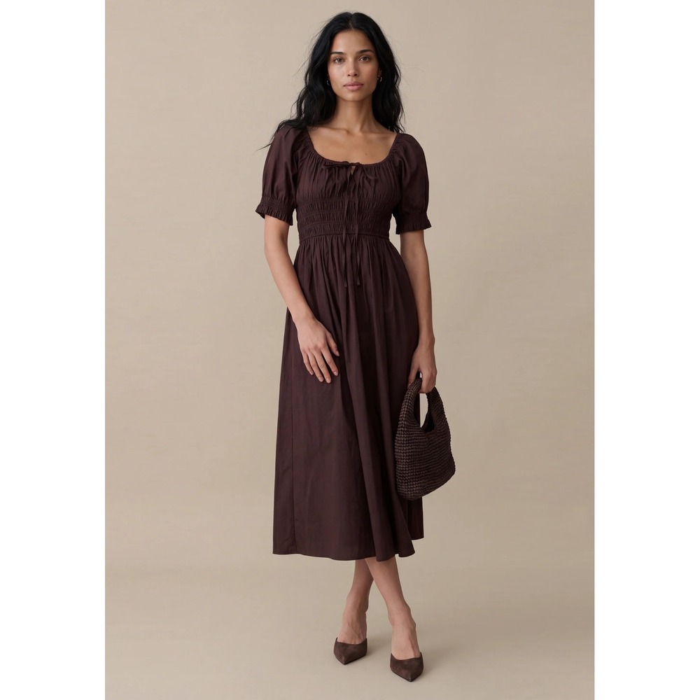 Sorella Brown Cotton Smocked Midi Dress Puff Sleeve Square Neck XS New